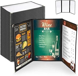 WeChef 30 Pack Restaurant Menu Covers 8.5 x 14 Triple Fold 3 Pages 6 Views Transparent Restaurant Menu Covers Holder Black