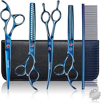 Dog Grooming Scissors Set Professional, 7 Inch Pet Grooming Scissors, 8 in 1 Straight, Curved, Thinning, Fishbone Scissors with Comb, Tension Adjuster, Cleaning Cloth and Storage Case, Blue