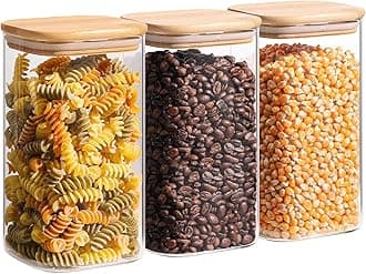 - ComSaf 1.4 Qt Glass Storage Containers with Lids, Glass Jars with Lids, Clear Food Storage Jar, Square Canister Set of 3, Pantry Organizers and Storage for Flour Oat Pasta Tea Cookie Coffee Bean