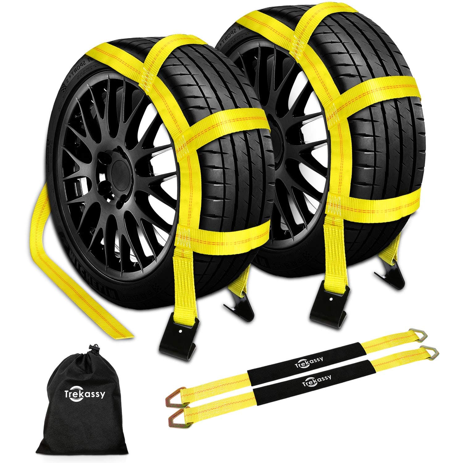 Trekassy Tow Dolly Straps for Car with Flat Hooks-2 Pack, Heavy Duty Car Tire Bonnet Net Fits 14"-17" Tires, 10, 000 lbs Break Strength, Includes 2 Axle Straps