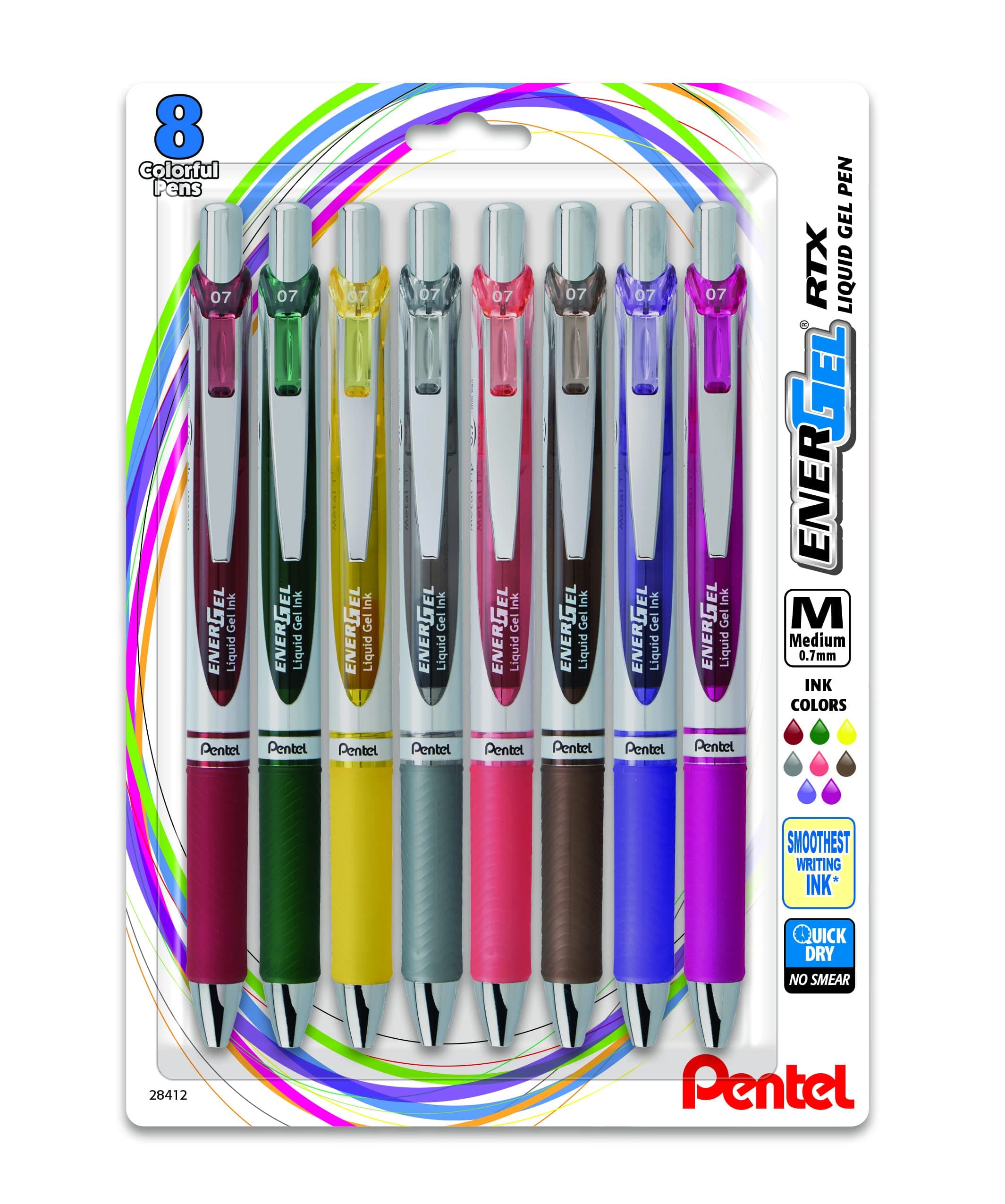 EnerGel RTX Retractable Liquid Gel Pen, (0.7mm) Medium Line, Metal Tip, Assorted Ink, 8 Pack (BL77BP8M3)