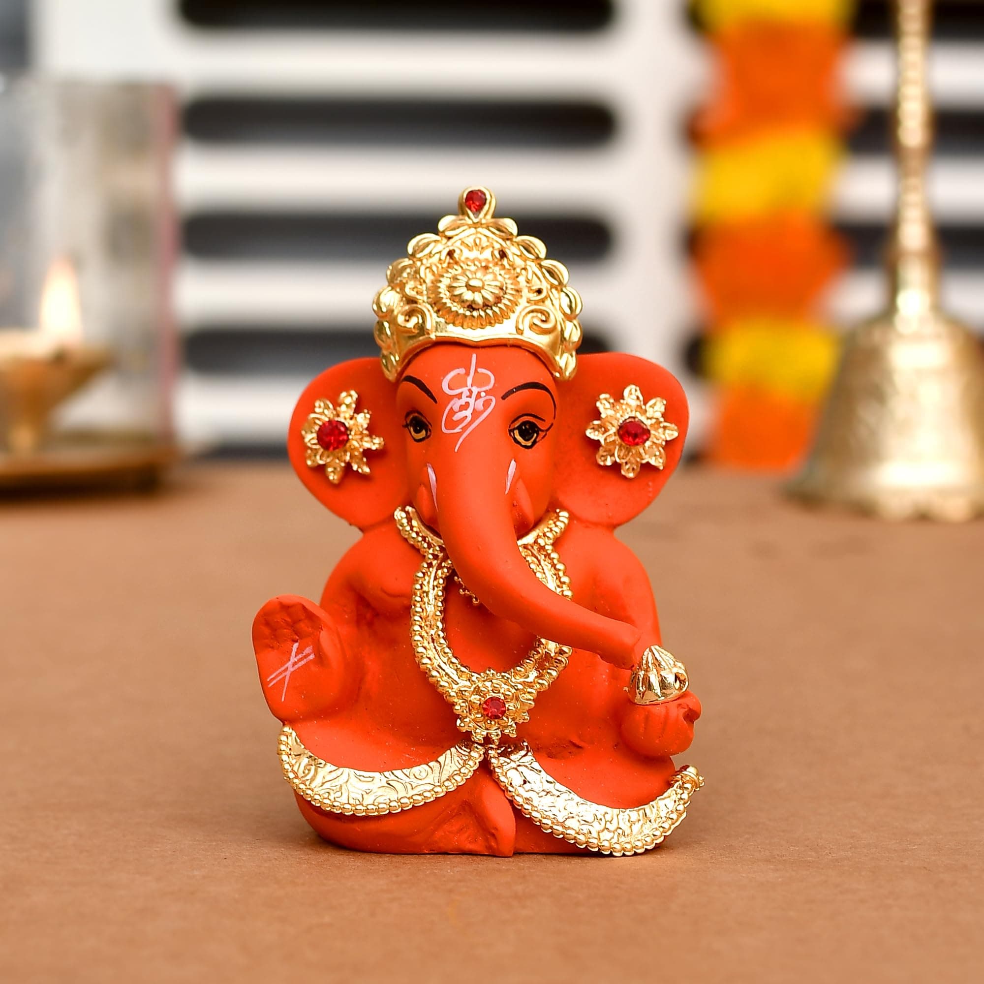 CraftVatika Ganesh Idol Murti Statue for Car Dashboard Gift Ceramic Terracotta Gold Plated Ganesha Ganpati Idols Showpiece Figurine for Home Pooja Room Diwali Decoration. (Orange Color)