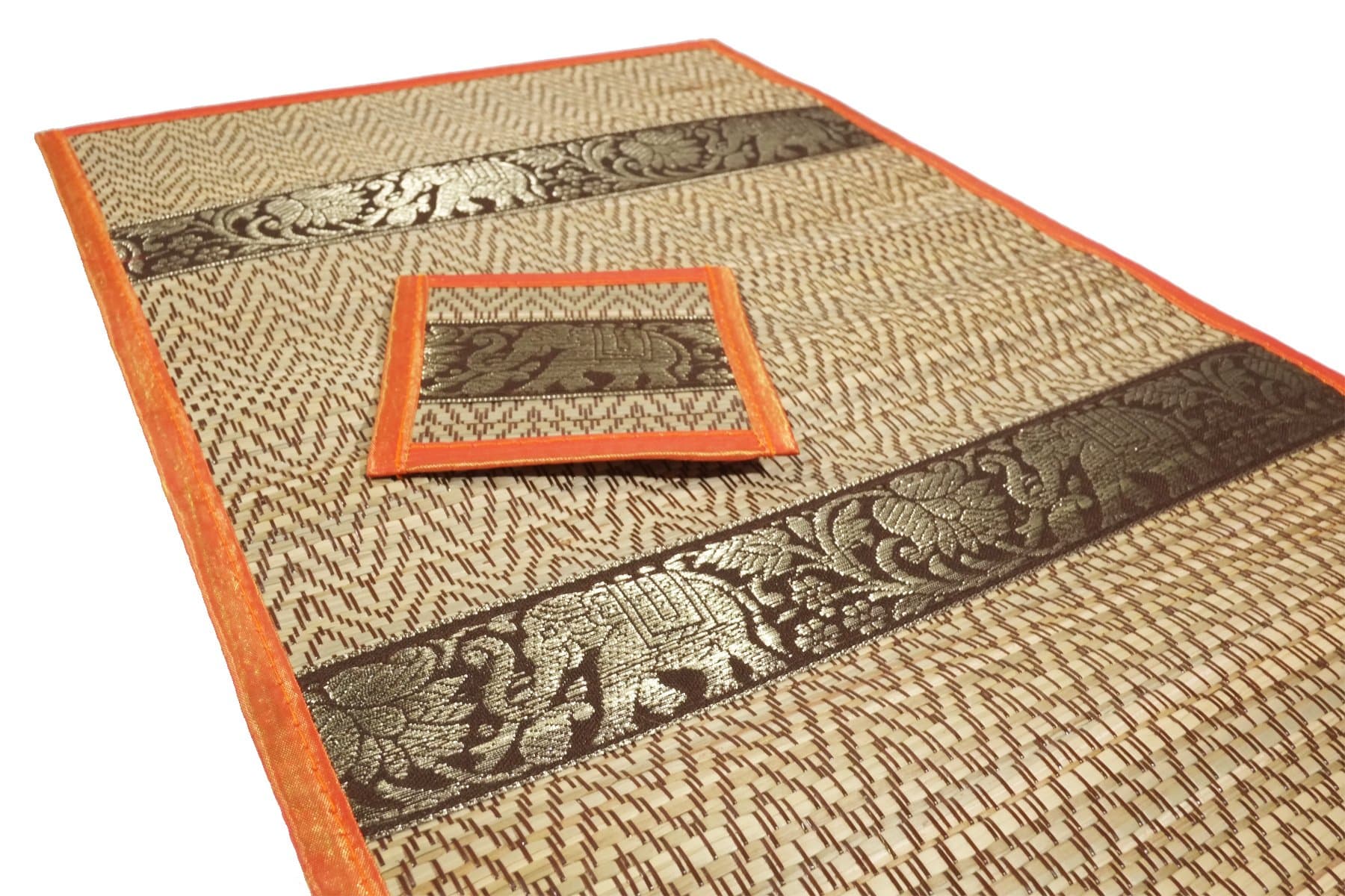 cozymomo Set of 6 Elephant Pattern Handmade Dinner Reed Placemats and Coaster Set 12"x16" Orange Color