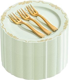 LIYH 100 Pcs Light Green Gold Plastic Dessert Plates with 100 Pcs Gold Dessert Plates, Disposable Sage Green Salad Plates, Includes: 100 Appetizer Plate 7.5" & 100 Golden Cake Forks 5"