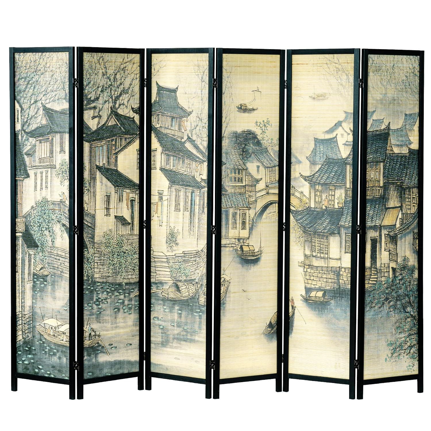 6 Panel Room Divider Privacy Partition with Dual-Sided Vintage Asian Water Village Ink Brushed Print Design, 6FT Black Wood Framed Decorative Artwork Folding Screen 94.6''W x 68.9''H