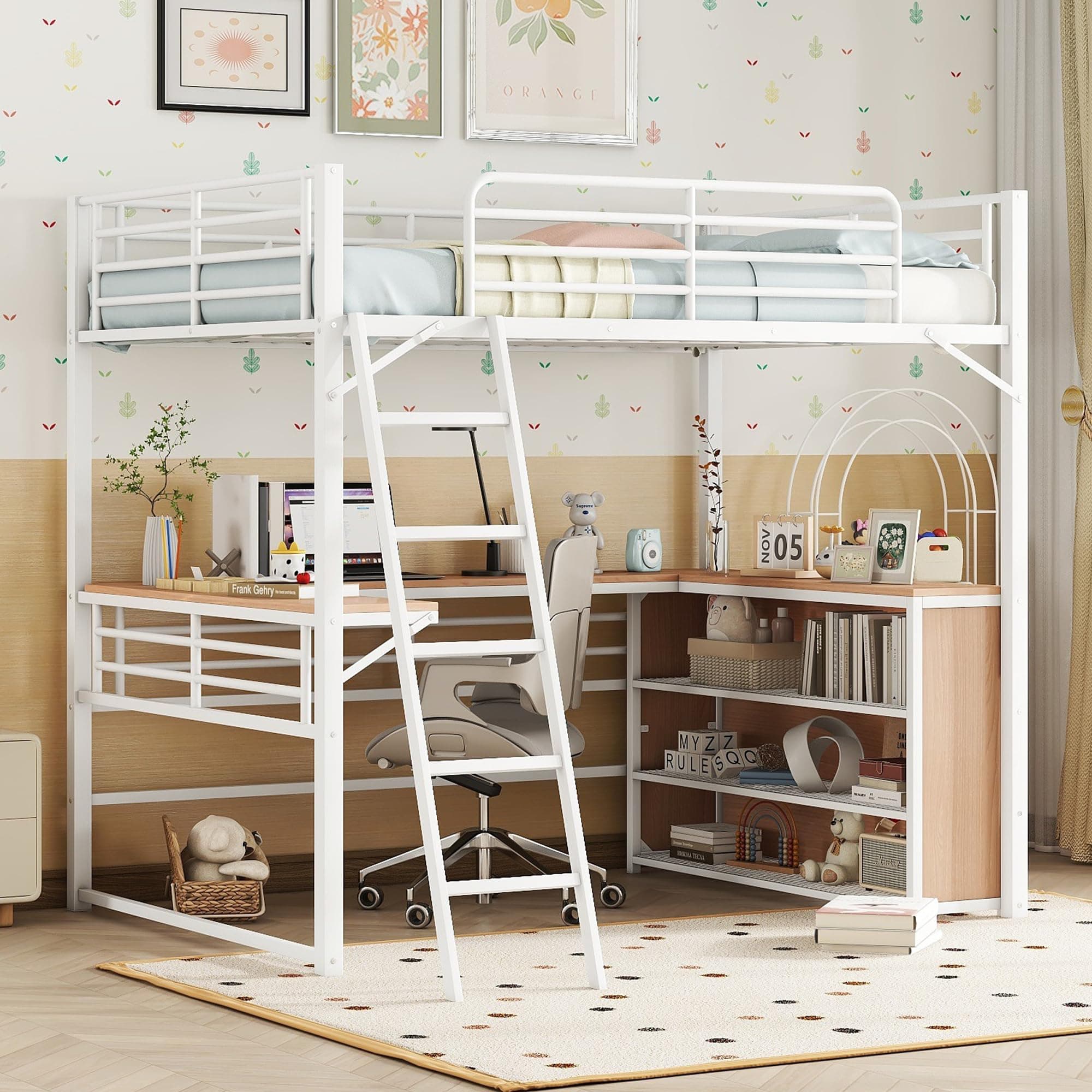 Metal Full Size Loft Bed with L-Shaped Desk,Heavy Duty Loft Bed with 3 Tier Storage Shelves for Kids Teens Adults,Full Size,Space Saving,White