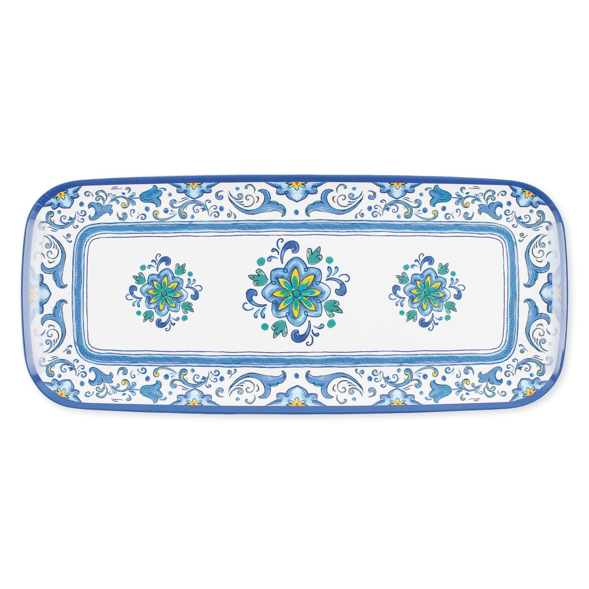 UPware Blue Floral Melamine Serving Tray, 15 x 6.5 Inch Rectangular Serving Platter, BPA Free Food Tray for Party Entertaining