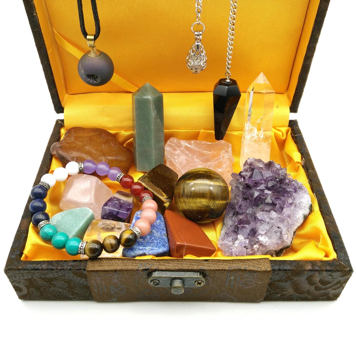 Healing Crystal Gift/Balancing Chakra Kit 17 Piece:7 Chakra Stones, 2 Crystal Points, Amethyst Cluster, Raw Agate,Raw Rose Quartz,Tiger Eye Ball,Reiki Pendulum,Chakra Bracelet,Pendant
