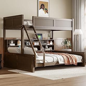 Twin XL Over Queen Bunk Bed with Storage & USB Ports, Solid Wood Bunk Bed with Built-in Cabinets for Kids Teens Adults, Safety Guardrails, No Box Spring Needed, Antique Wood