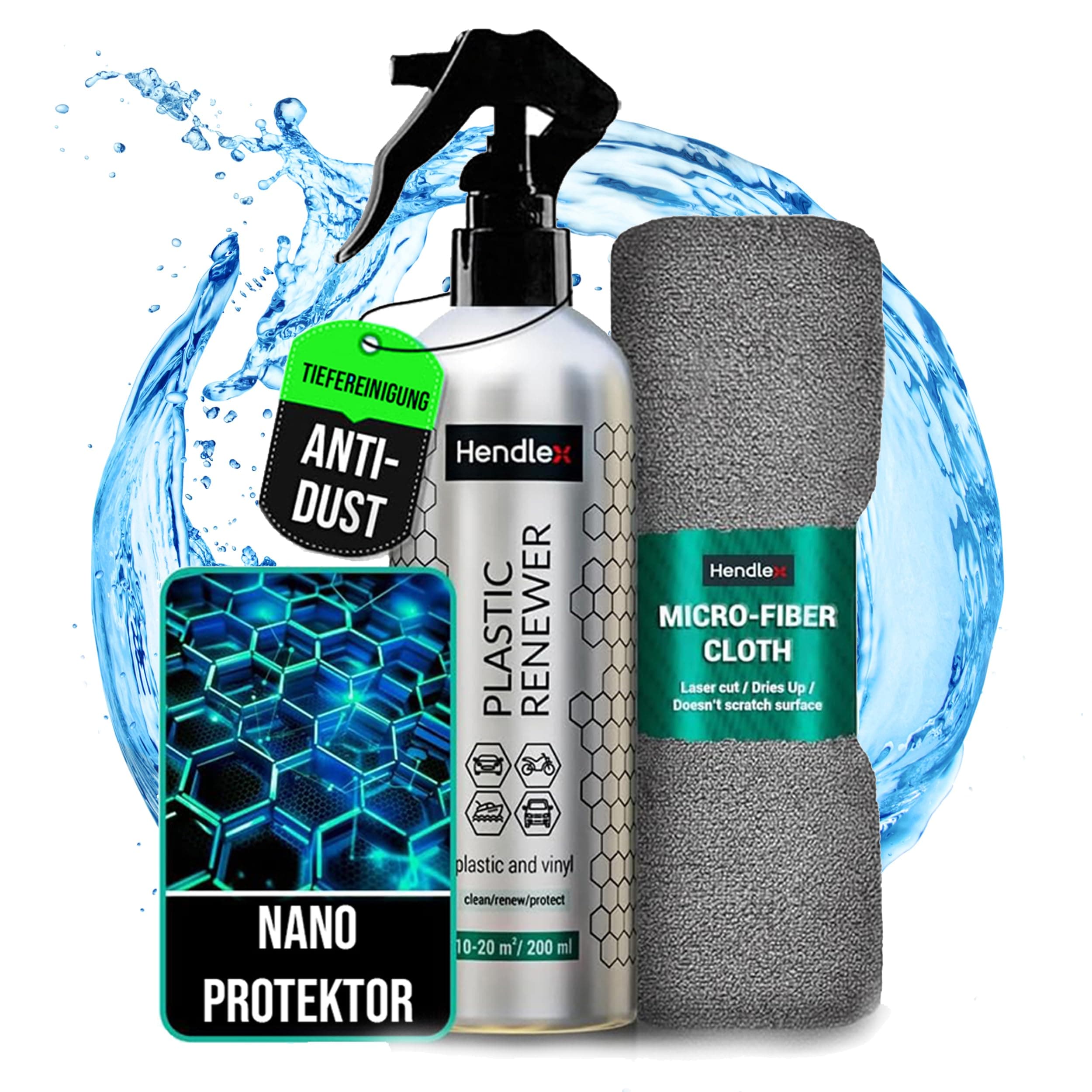 Hendlex Car Plastic Restorer Nano Protector for Plastic Trim, Vinyl, Rubber - Interior and Exterior Coating Agent - Non Grease Matte Effect 6.76 oz + Microfiber Towel