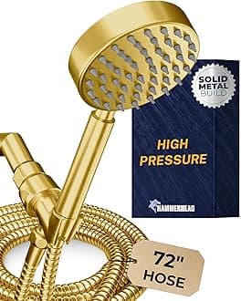 HammerHead Showers® Solid Metal Handheld Shower Head with Hose and Brass Holder - BRUSHED GOLD - 2.5 GPM High Pressure Shower Heads with Adjustable Shower Wand Bracket - 6ft Flexible Extension