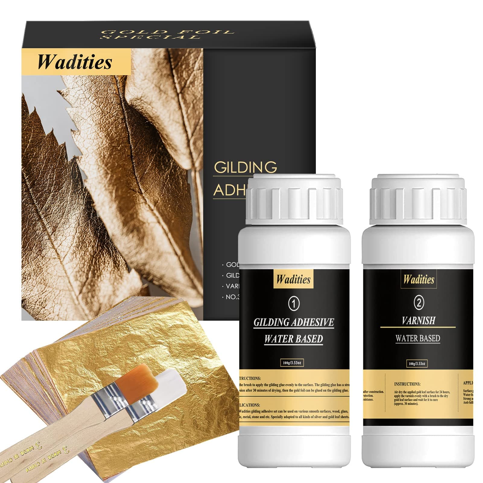 Gold Leaf Gilding Adhesive Set, 100ml Water Based Glue and 100ml Varnish, Gold Leaf Sheets 100 pcs, 2 Brushes, for Craft, Painting and Arts