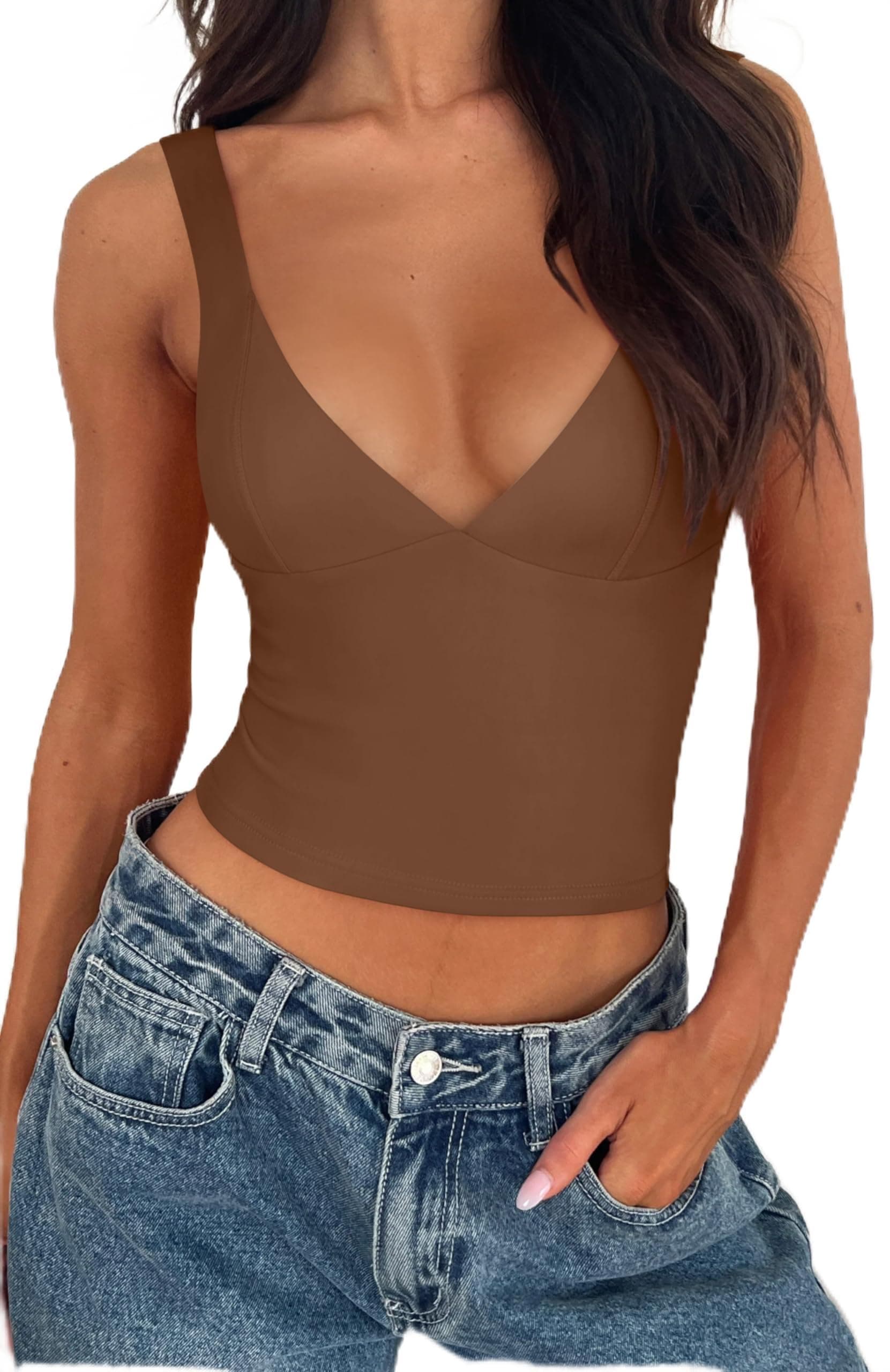 REORIA Women's Summer Sexy Casual Deep V Neck Sleeveless Slim Fit Cropped Corset Cami Fashion Trendy Y2k Going Out Crop Tank Tops Coffee Small
