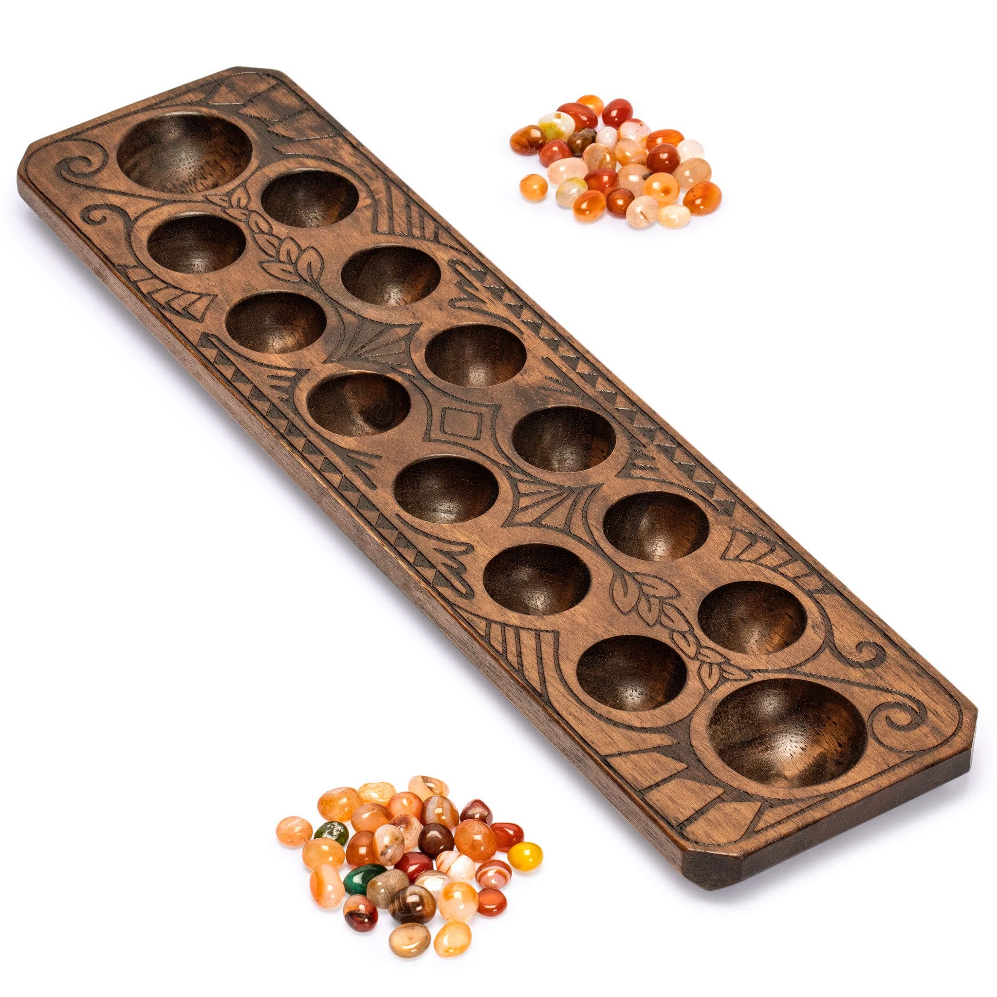 Yellow Mountain Imports Mancala Set with 44 centimeters Solid Wood Board and Quartz Pebble Playing Pieces