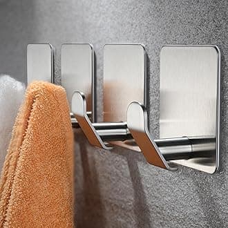 YIGII Adhesive Towel Hooks, Strong Stick on Bathroom Hooks for Robe and Coat, Stainless Steel Wall Hook for Kitchen and Bedroom, 4 Pack
