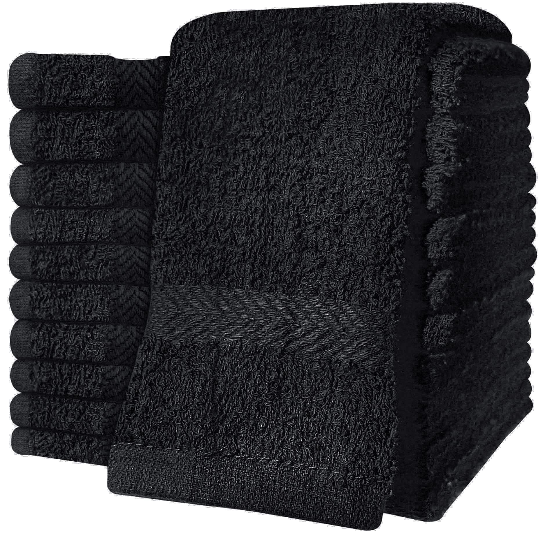 QCS Towels – 12 Pack Washcloths Set 30 x 30 cm, 100% Cotton Super Absorbent & Quick Dry Flannel Face Cloths, Fade Resistant and Soft Feel Fingertip Towels (Black)