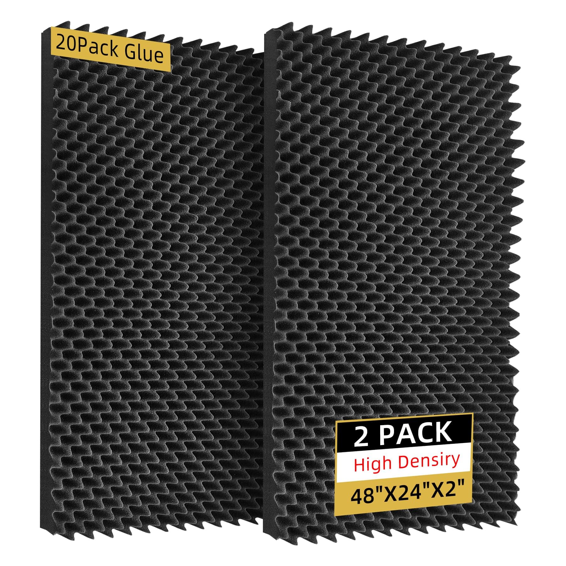 TEMGCUAM Soundproof Foam Panels | Egg Crate Foam Pad | 30.5 x 30.5 x 5.1 cm Acoustic Panels Self-Adhesive | Black (2 Pack Black, 48 x 24 x 2)