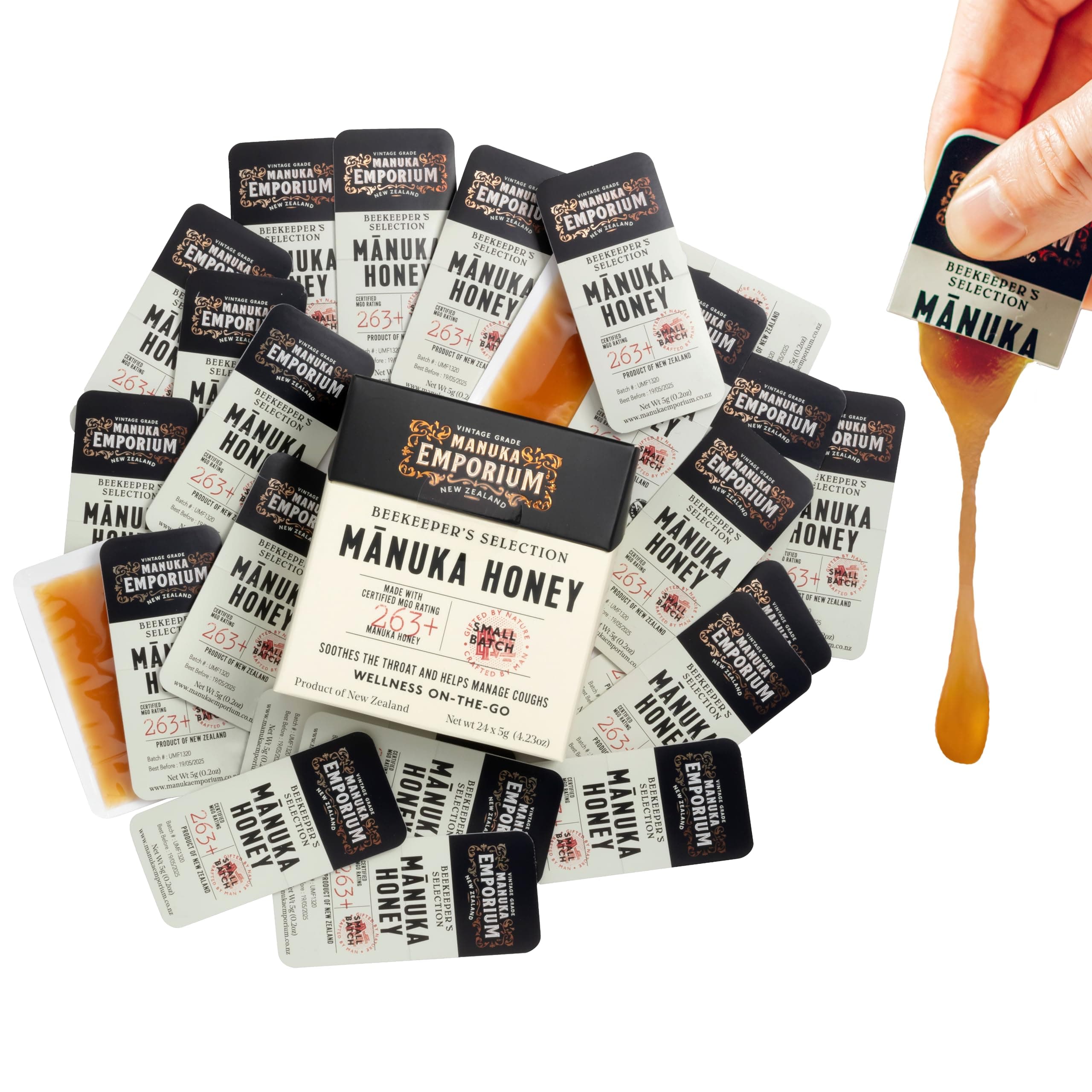 Manuka Emporium Raw Manuka Honey Packets MGO 263+ | 24 x 0.18oz Single-Serve Snaps | Certified Monofloral New Zealand Honey | UMF 10+ Equivalent | Travel-Friendly Superfood for Daily Wellness