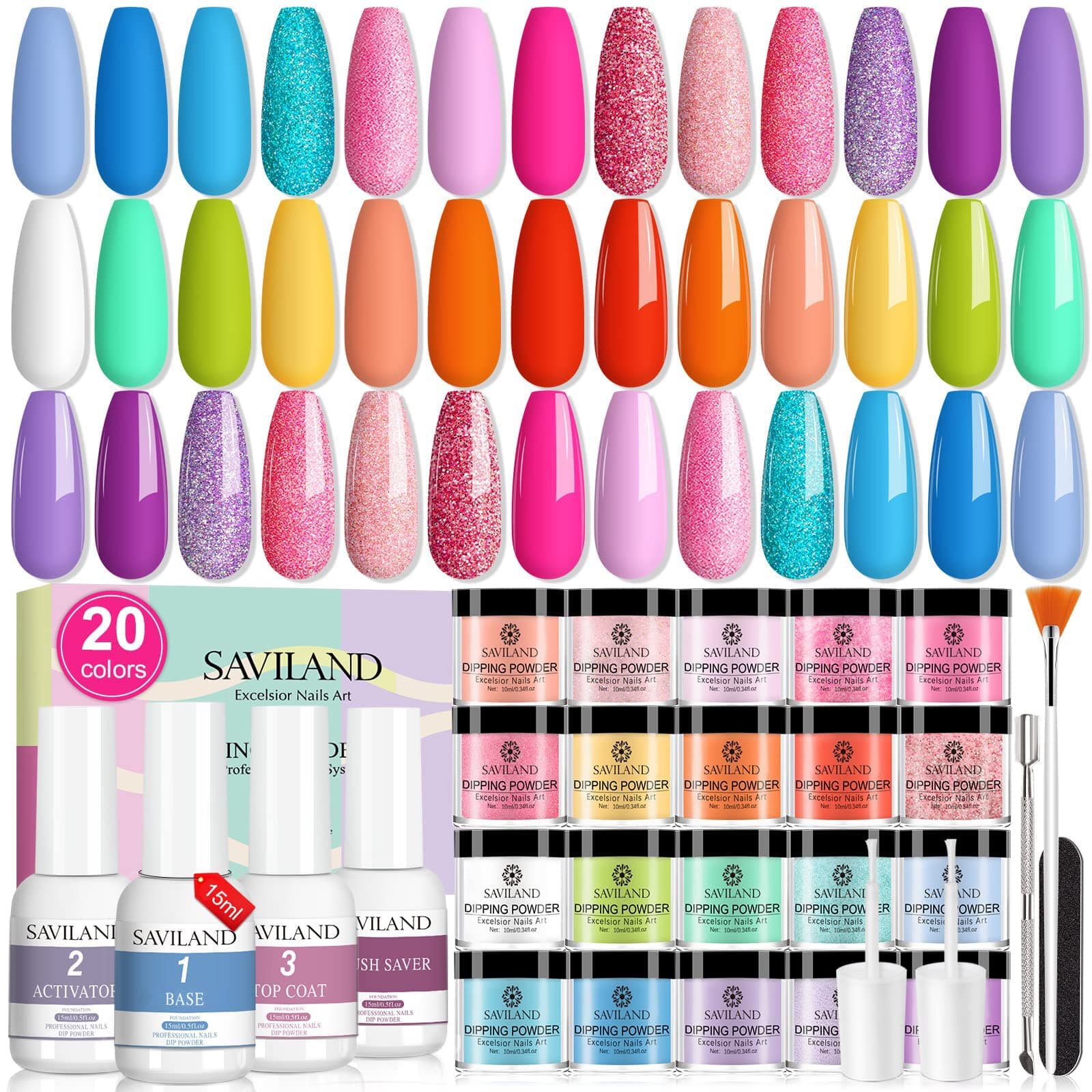 Saviland Dip Powder Nail Kit - 20 Colors Dipping Powder Set Dipping Powder System Liquid Set with Base & Top Coat Activator Brush Saver for Nail Beginners and Professionals