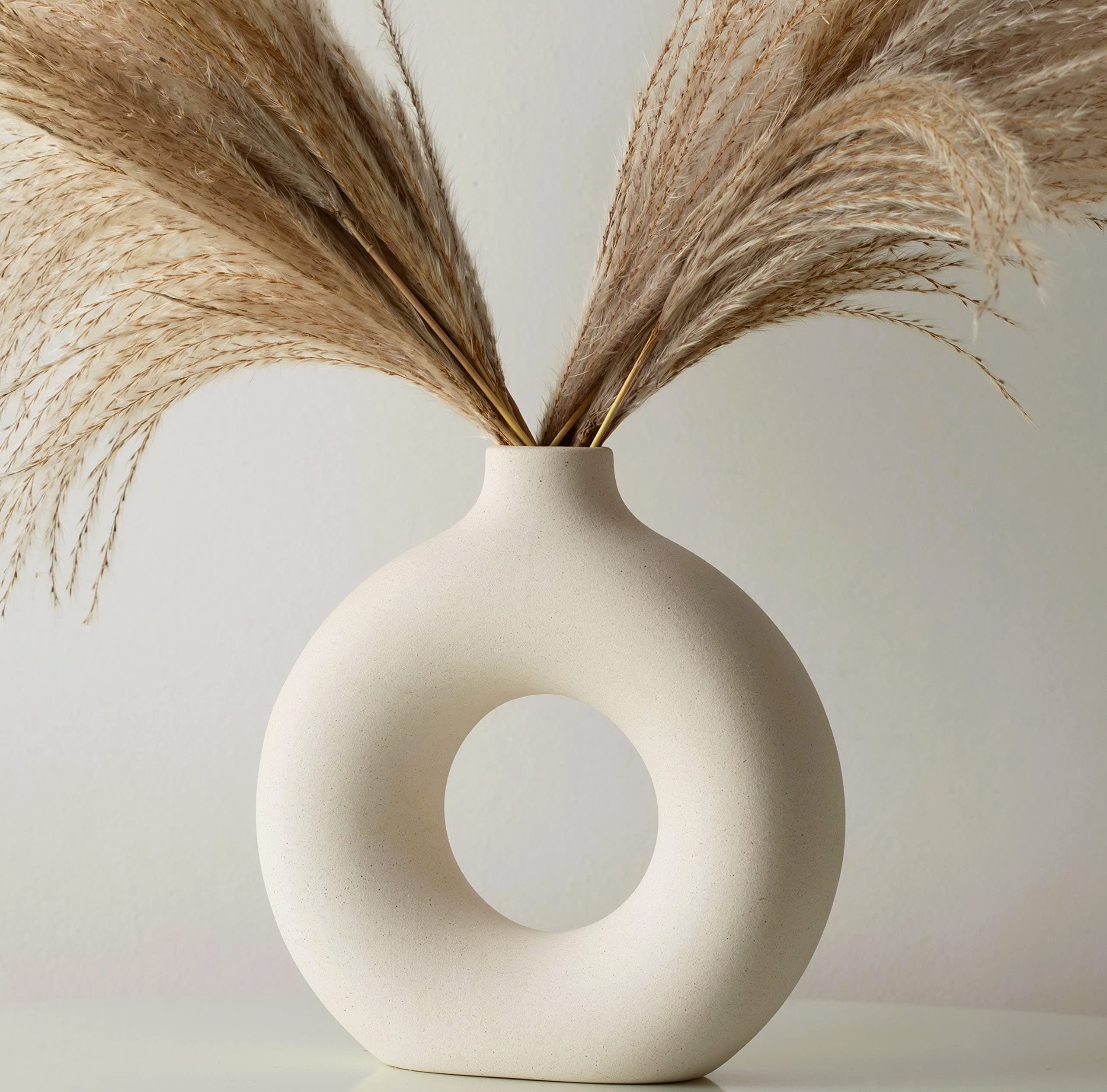 White Ceramic Vase for Pampas Grass Flowers, Vase Decor, White Vases for Decor, Modern Home Decor Vase, Boho Vases for Decor, Circle Vase, Round Vase, Donut Vase, Decorative Vase,7.5" Tall