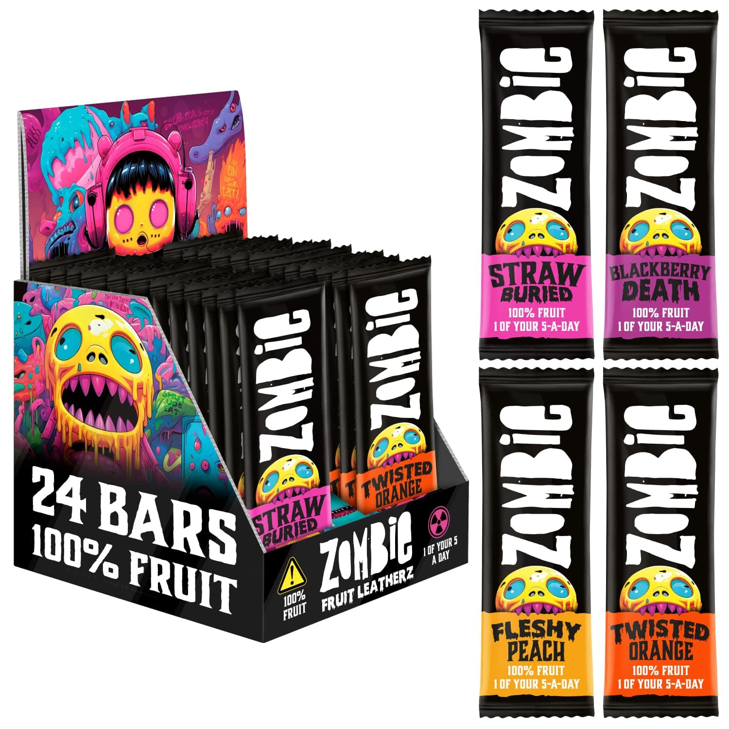 Zombie Fruit Bars, Variety Box (24 Bars, 4 Flavours), 100% Dried Fruit, Healthy Snacks for Adults, Kids, Low Calorie, Gluten Free, Vegan, Halal, Bulk, Real Fruit, No Added Sugar, Natural, Roll Ups