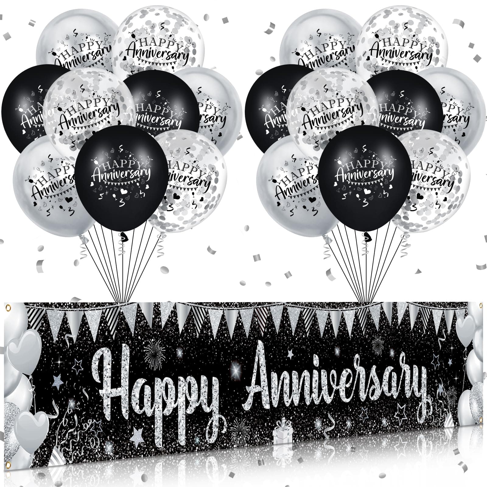 Black Silver Wedding Anniversary Decorations Black Silver Happy Anniversary Yard Banner and 18Pcs Silver Happy Wedding Anniversary Balloons for Black and Silver Wedding Anniversary Party Decorations