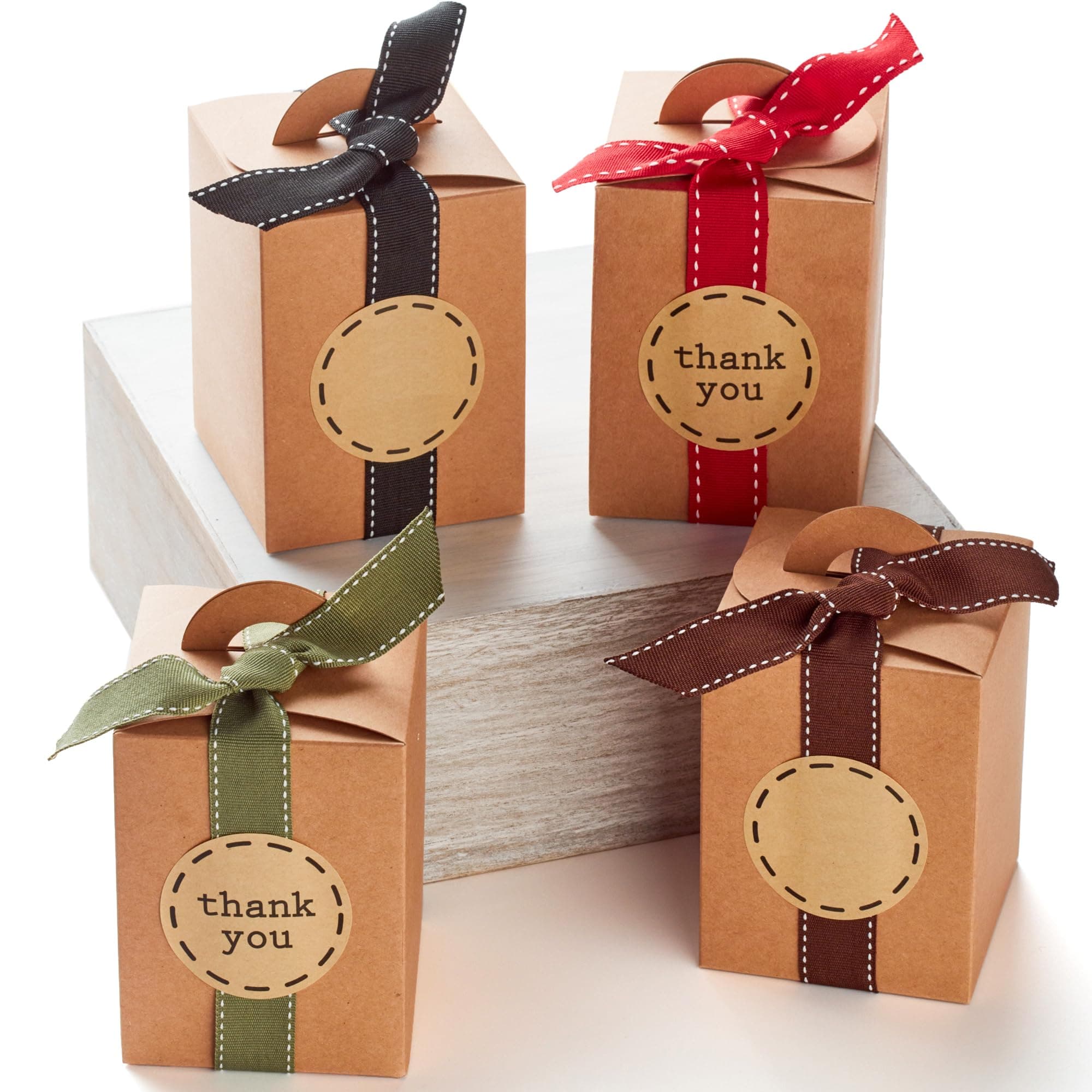 Small Gift Boxes with Ribbons & Stickers (20 Pack) 4.7” x 3.5” Brown Kraft Treat Boxes for Christmas Cookies, Candy, Decorative Candle Packaging, Jars, Mugs, Bulk, Rustic, Fall Thank You Favors Empty