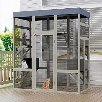 70" Catio Outdoor Cat Enclosure, Large Wood Cats House, Catio Window Cat Enclosure, Jumping Platform & 2 Napping Resting Box
