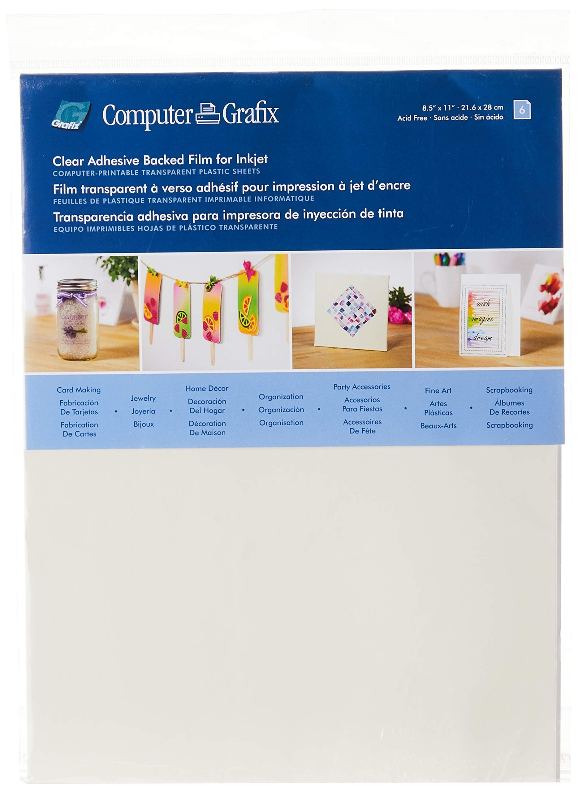 Computer Adhesive Backed Ink Jet Film – Self-Stick Printable Film for Creating Custom Journals, Stickers, Photos, Jewelry and More, Ink Jet Printers Only 8.5 x 11”, Clear, Pack of 6