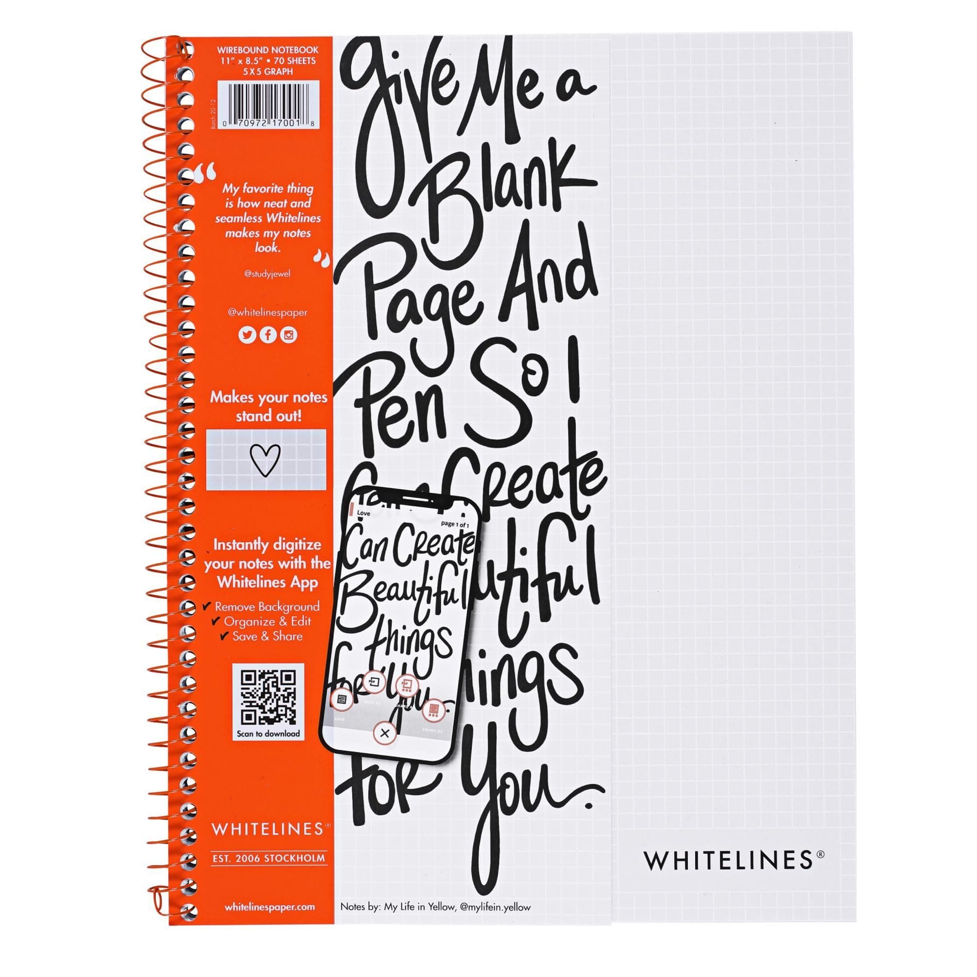 Whitelines Spiral Graph Ruled Notebook, Digitally Download Your Notes with FREE App, Premium Gray Paper, 11" x 8.5" 70 Sheets