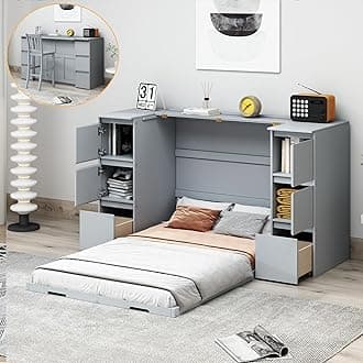 Twin Size Murphy Bed Cabinet with Drawers & USB Ports,Folding Wall Bed Frame W/High Stool and Ample Storage,Space-Saving Hidden Platform Bed for Bedroom,Guest Room,Home,Office,Gray