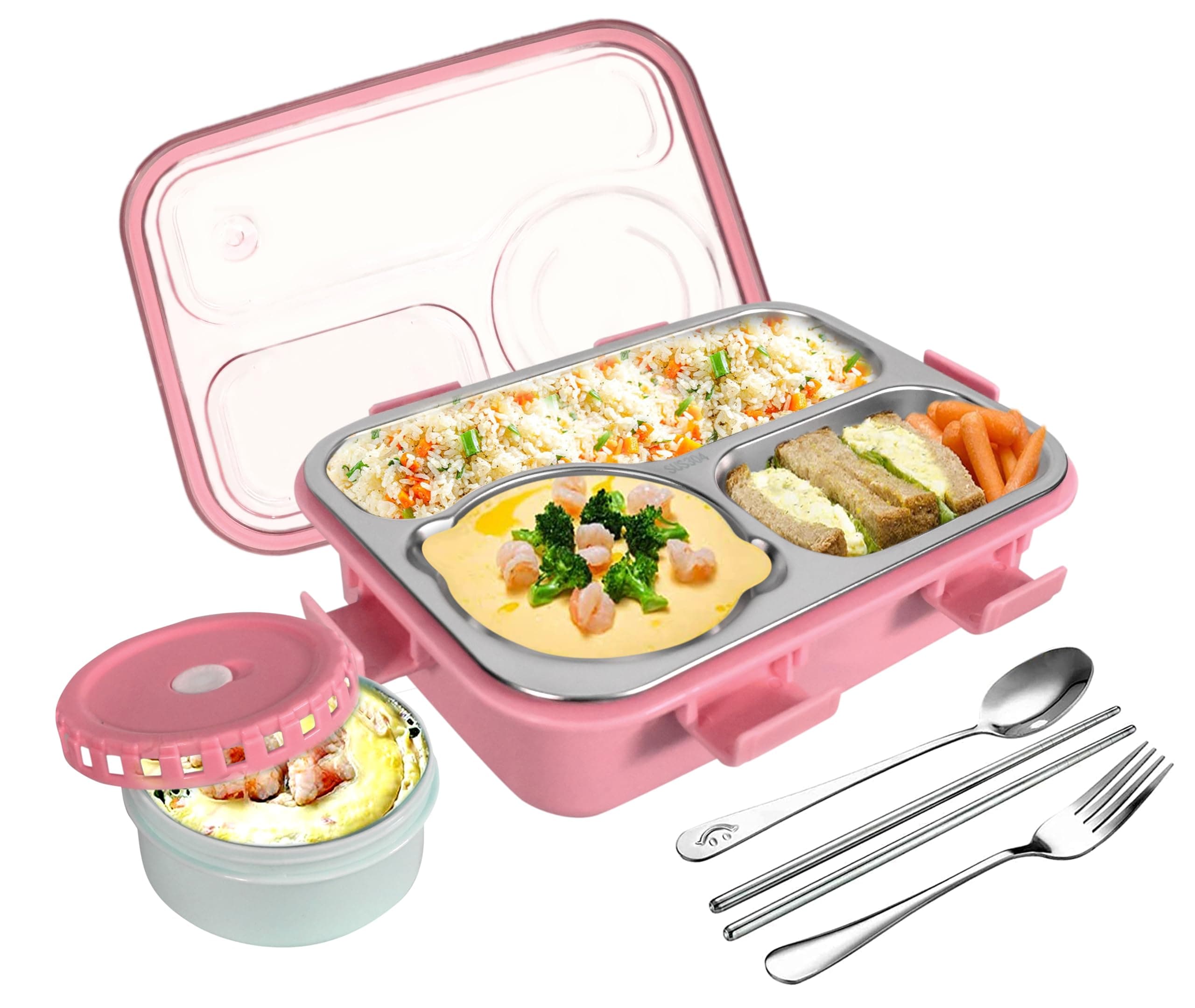 TEC TAVAKKAL Lunch Box 3 Compartment Leak-Proof BPA Free Stainless Steel, Lunch Box for Kids, Lunch Box for School & Office with a Fork, a Spoon and a Pair of Chopsticks (Pink), 750 ml