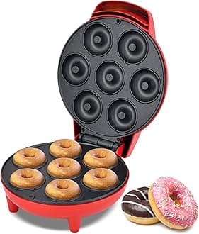 Mini Donut Maker Machine for Holiday, Kid-Friendly, Breakfast or Snack, Desserts & More with Non-stick Surface, Makes 7 Doughnuts, Red