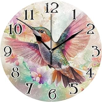 ALAZA Birds Clock Hummingbird Wall Clock Battery Operated Kitchen Clock 9.5 Inch Flowers Bathroom Clock Non Ticking Round Decorative Desk Clock Bedroom Living Room Decor