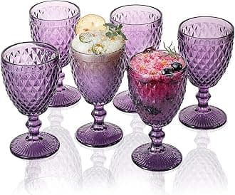 Argyle ollection Wine Glasses 10 oz. set of 6 Purple olored Glass Goblets with Diamond Pattern Vintage Embossed Glassware for Party and Wedding