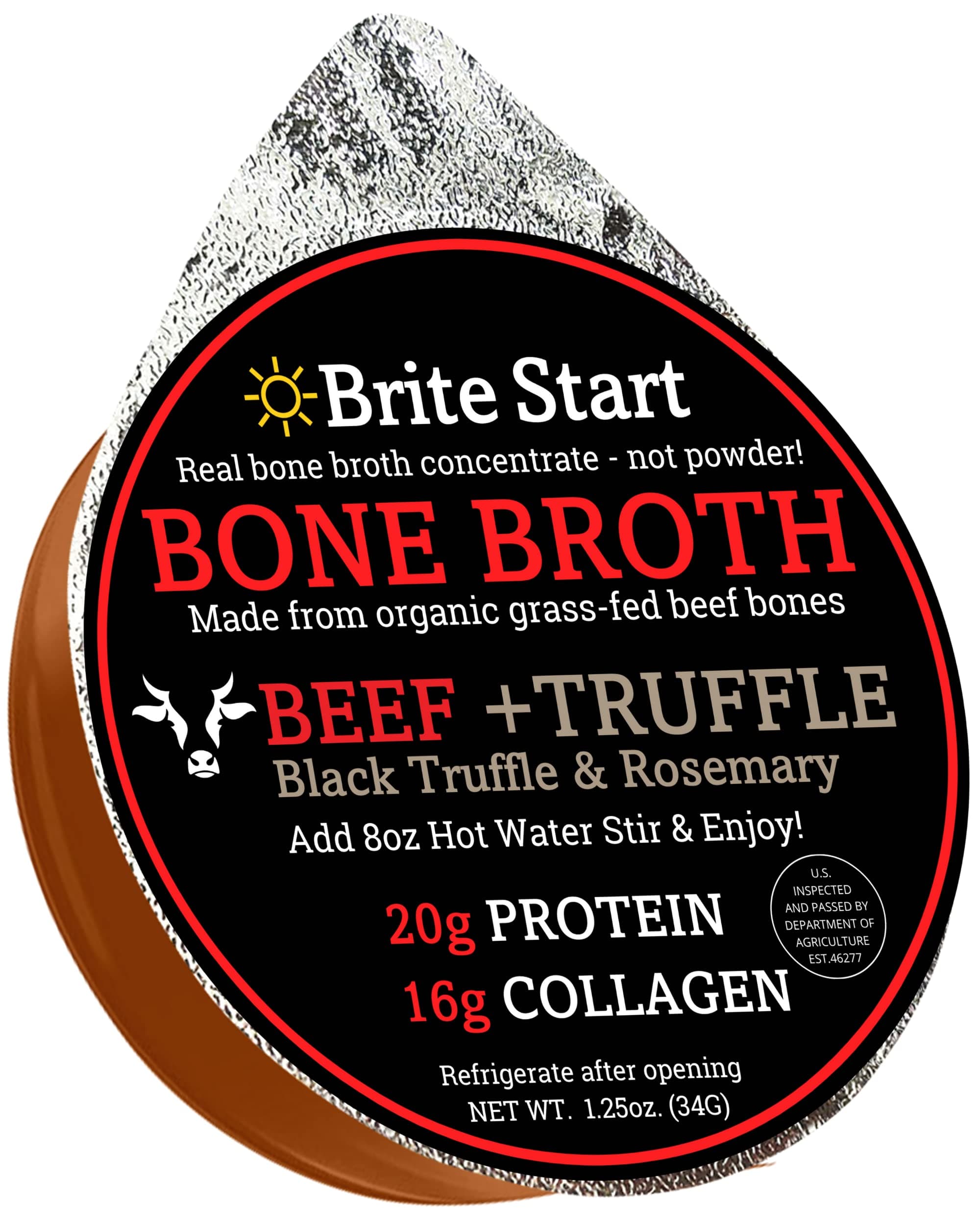 Brite Start Bone Broth - Beef + Black Truffle & Rosemary - 30 Count - Keto Friendly Concentrate Packed with 16g Collagen, 20g Paleo Protein -Made from Grass Fed Beef Bones- Single Serve Packets