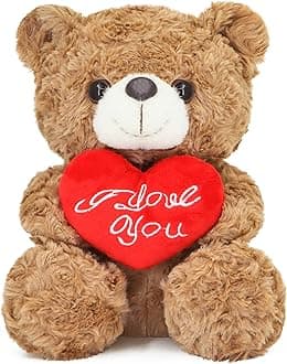Teddy Bear Plush Toy with Rose and Love Heart, Cute Soft Plush Bear Toy, Suitable for Valentine's Gift for Lover, Mom and Kids (Brown/Love Heart)