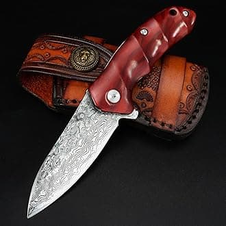 AUBEY Damascus Pocket Knife EDC Knife VG10- Damascus Steel Folding Knife Wooden Handle, One-Handed Damascus Pocket Knife for Men Outdoor Sharp