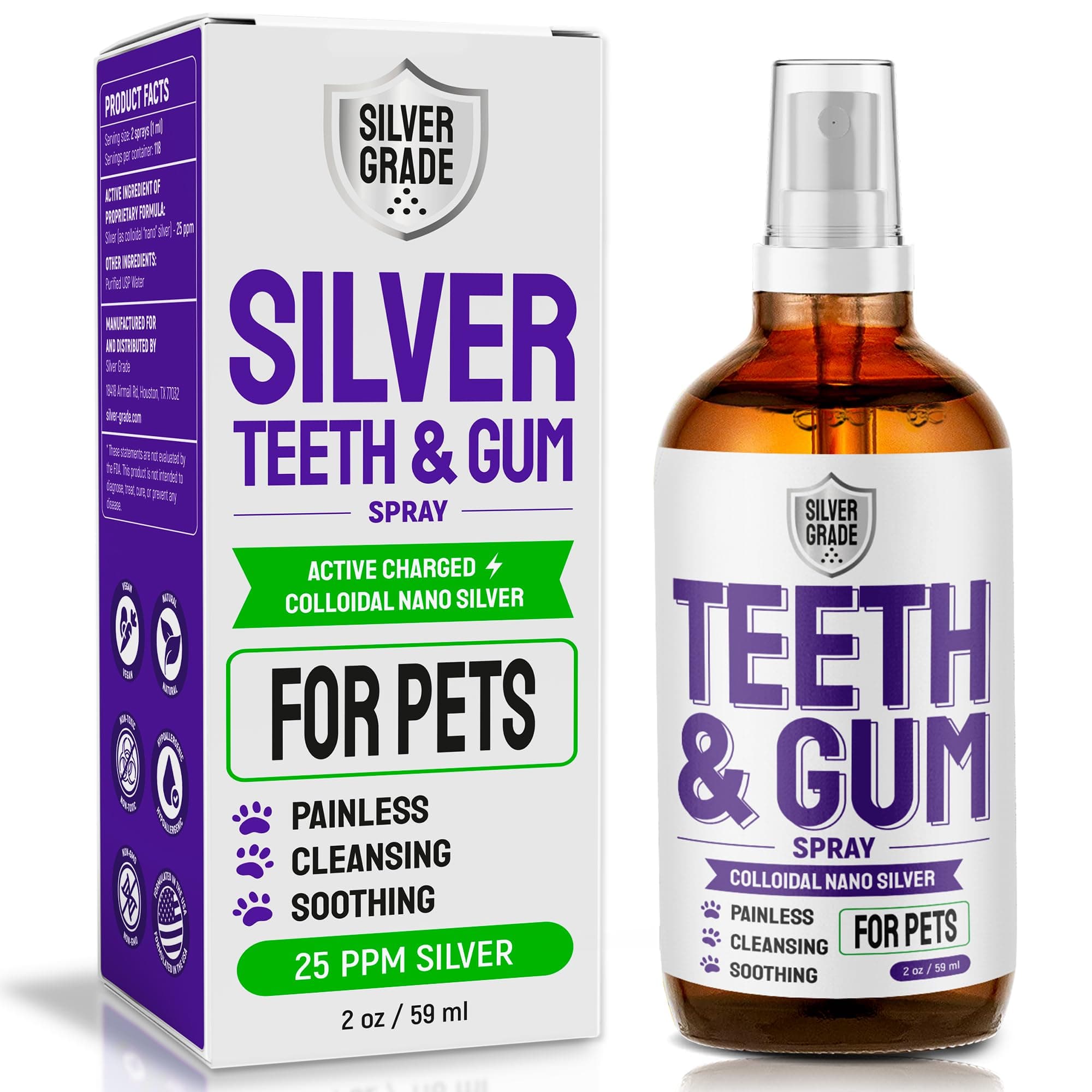 SILVER GRADE Teeth & Gum Spray for Pets – Dental Formula for Dog Mouth Rinse & Cat Mouth Care – Dog Fresh Breath, Clean Teeth, No Pain Or Burning – Plaque and Tartar Remover (4 Oz)