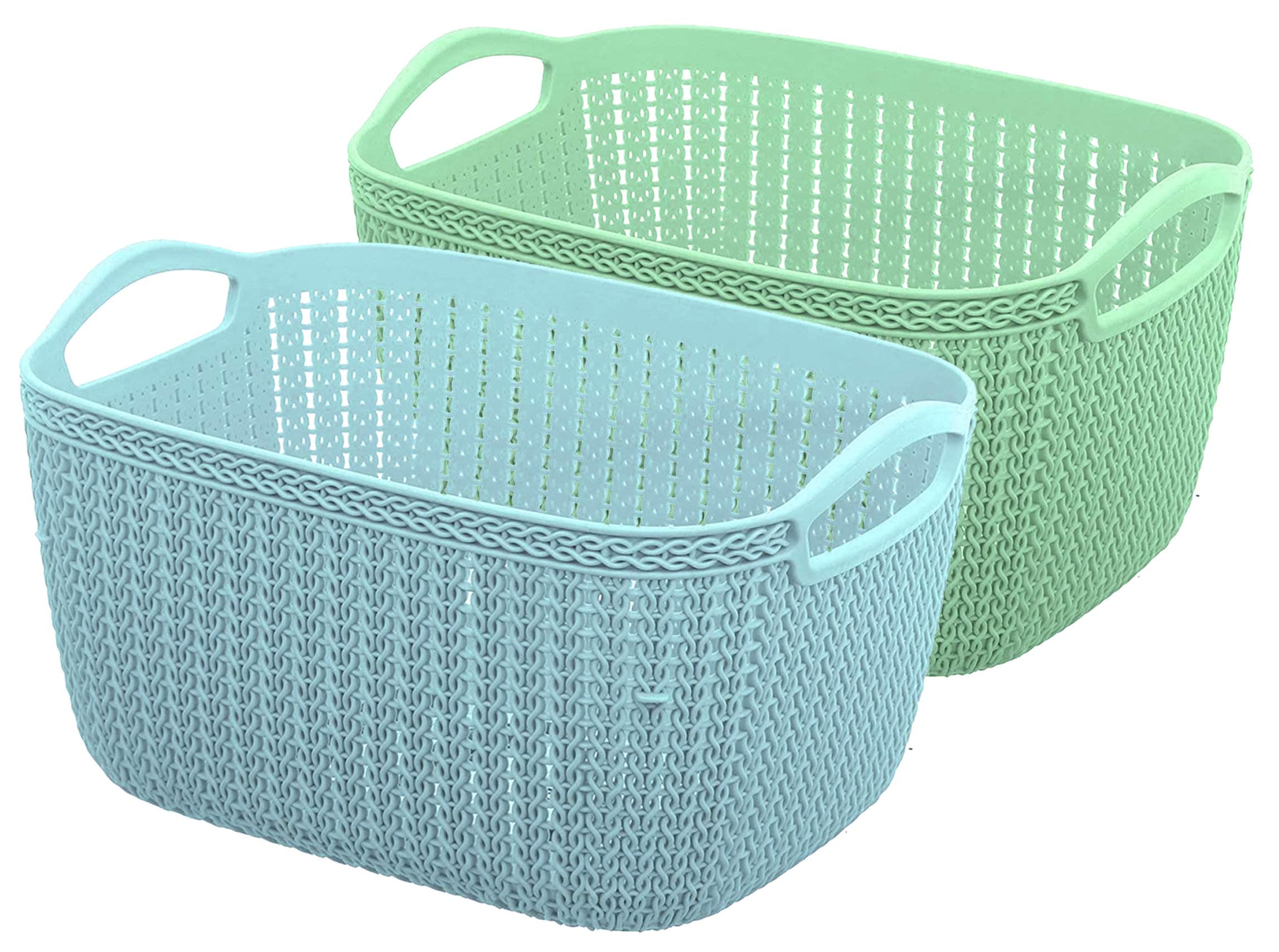Kuber IndustriesQ-5 Unbreakable Plastic 2 Pieces Multipurpose Medium Size Flexible Storage Baskets/Fruit Vegetable Bathroom Stationary Home Basket with Handles (Light Green & Light Blue)