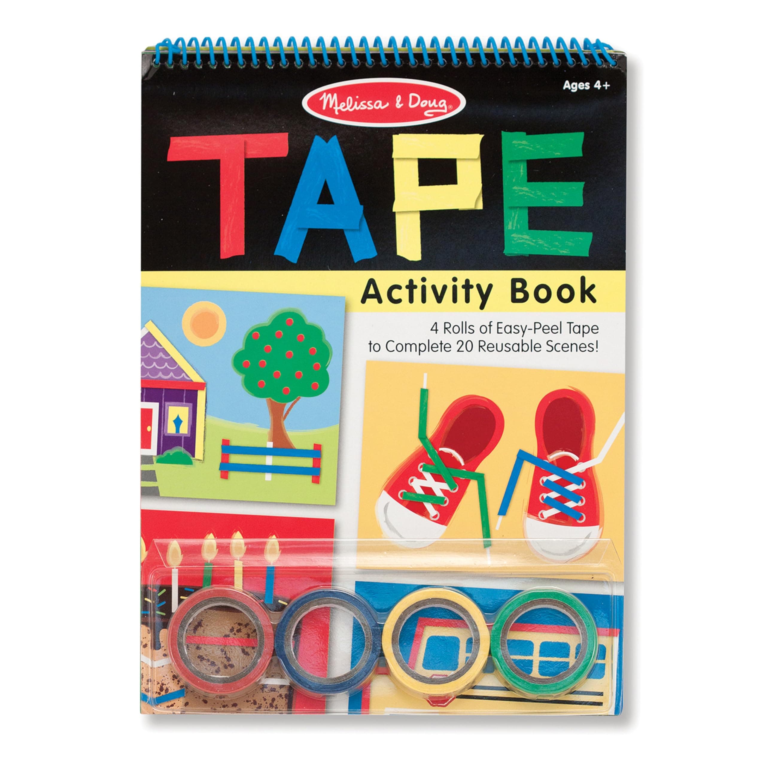 Melissa & Doug Tape Activity Book for Kids with 4 Easy-Tear Tape Rolls (Blue, Green, Red, Yellow) & 20 Reusable Scenes on Spiral-Bound Sheets, Road Trip Activities & Travel Toys for Kids Ages 4+
