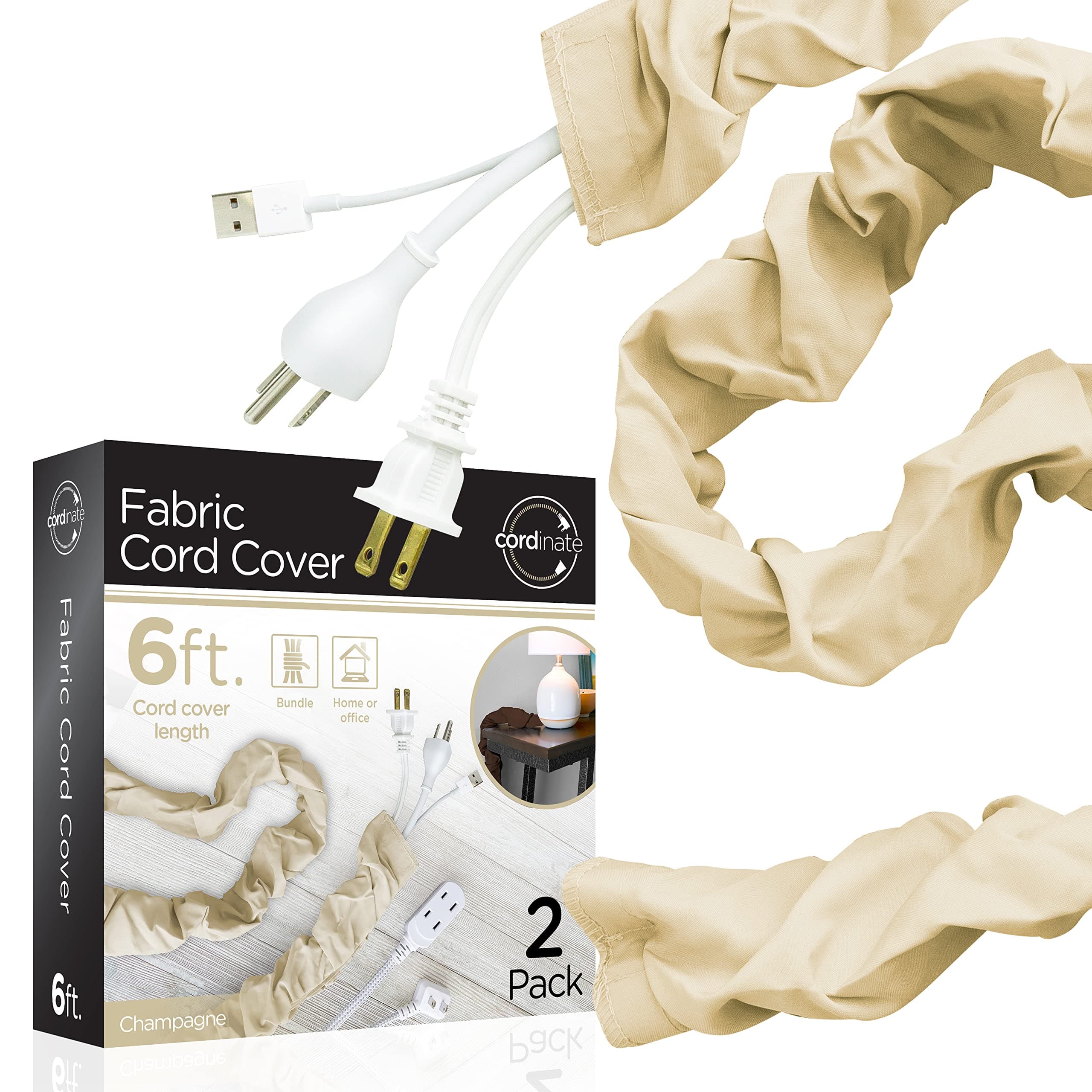 Fabric Cord Cover 2 Pack, 6 Ft, Cable Management and Hider, Easy Installation, Great for Lamps, Light Fixtures, and Desks, Champagne, 48660