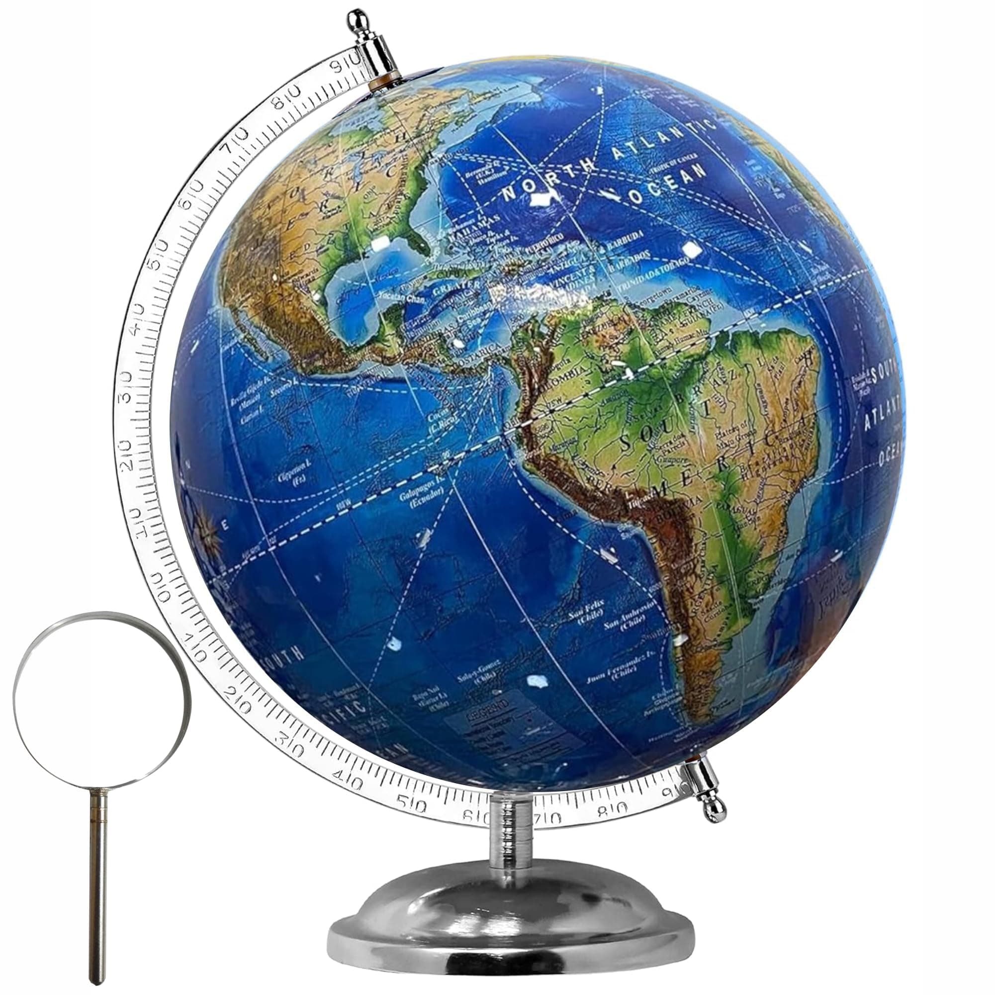8 Inch Physical World Map Rotating Globe on Chrome Stand with Free Magnifying Glass for Kids & Student Learning,Home Décor Globe,Office Table,Stationery,School and Classroom,Geography