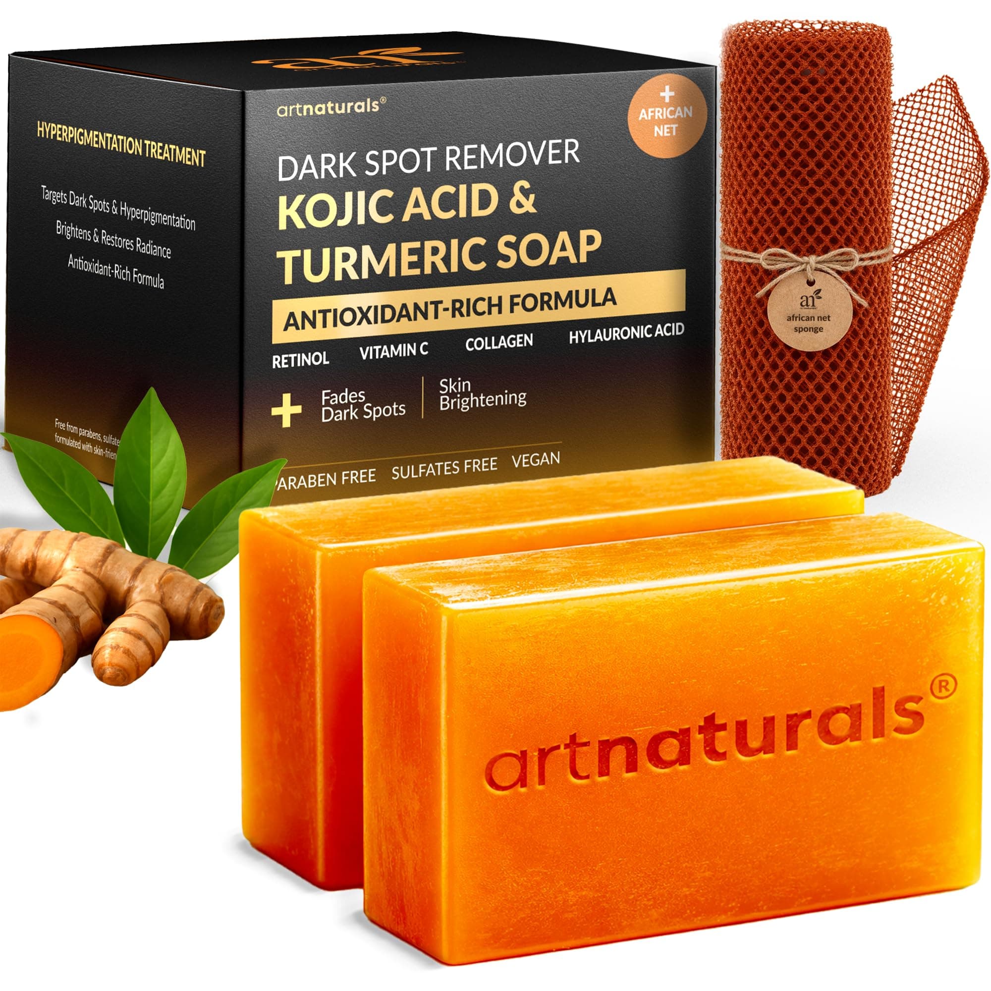 Kojic Acid Soap + African Net Sponge (2 pack X 142g Turmeric bars) Dark spot remover, Hyperpigmentation & Scars - Original Japanese Complex Vitamin C, Hyaluronic Acid, retinol, shea butter (Citrus)