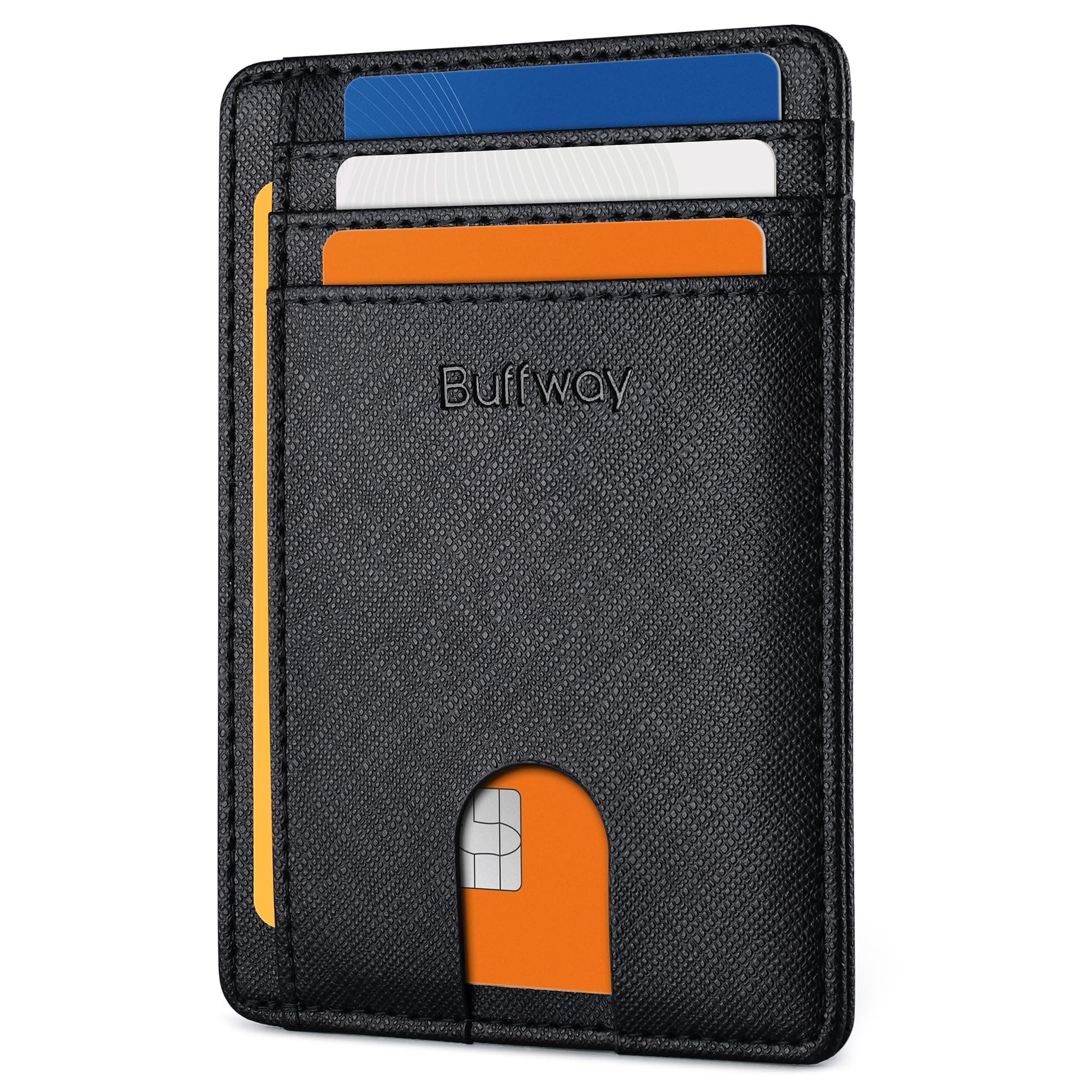 Buffway Slim Minimalist Front Pocket RFID Blocking Leather Wallets for Men and Women - Cross Black