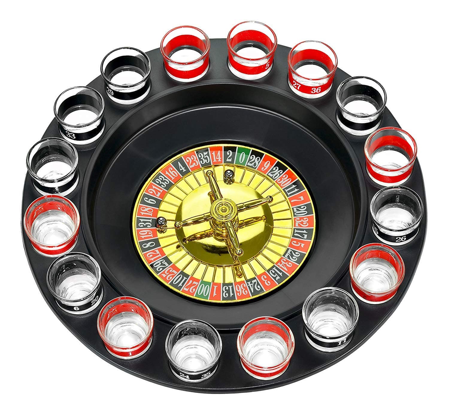 Iktu Shot Glass Roulette Drinking Game Set with Spinning Wheel, 2 Balls and 16 Shot Glasses - Casino Adult Party Games - Multi Color