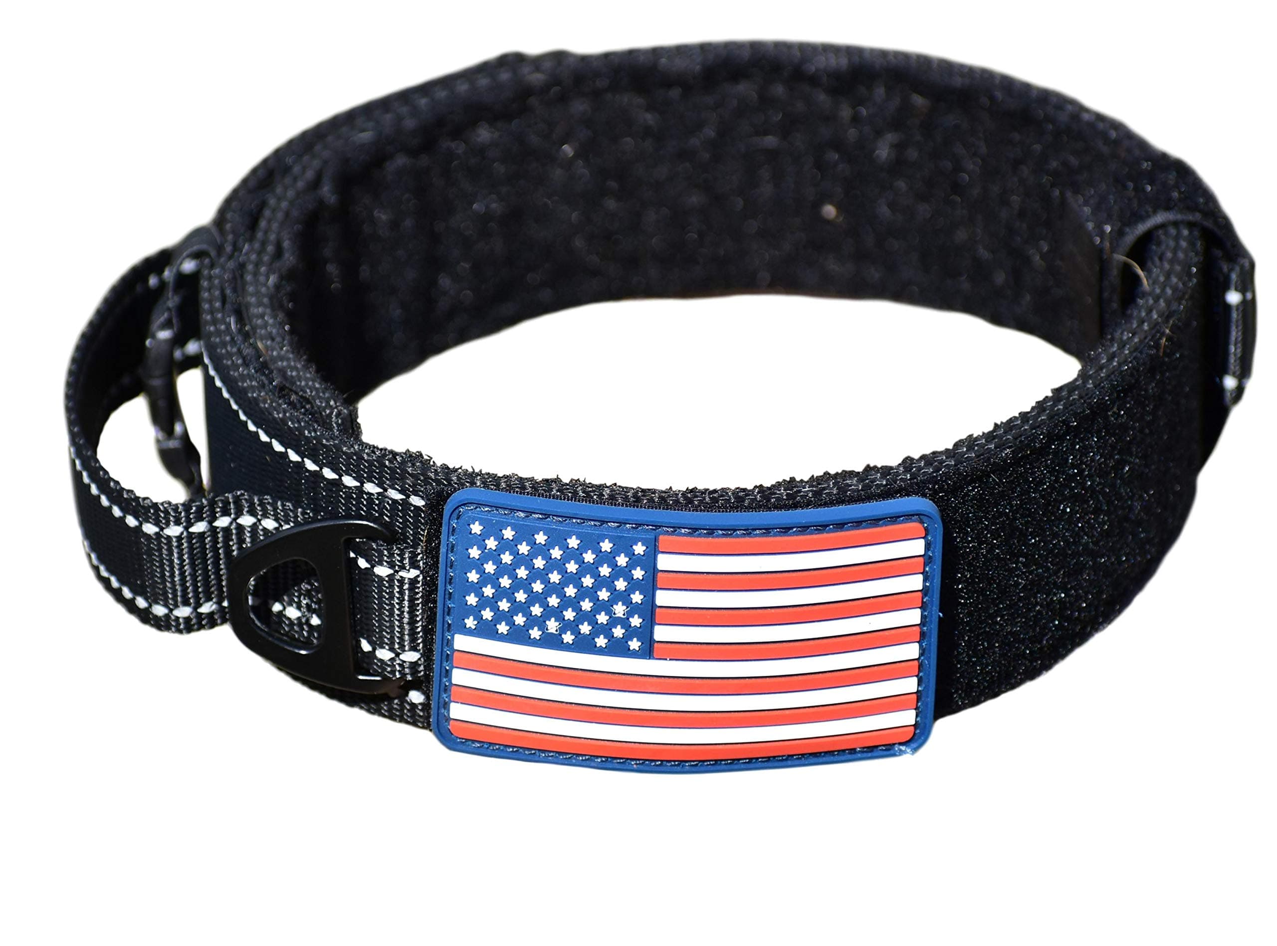 DOG COLLAR WITH CONTROL HANDLE QUICK RELEASE METAL BUCKLE HEAVY DUTY MILITARY STYLE 2" WIDTH NYLON WITH USA FLAG GREAT FOR HANDLING AND TRAINING LARGE CANINE MALE OR FEMALE K9 (BLACK NEW BUCKLE)