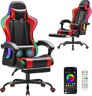 Gaming Chair, Video Game Chair with Footrest and Massage Lumbar Support, Ergonomic Computer Chair Height Adjustable with Swivel Seat and Headrest (RGB Red)