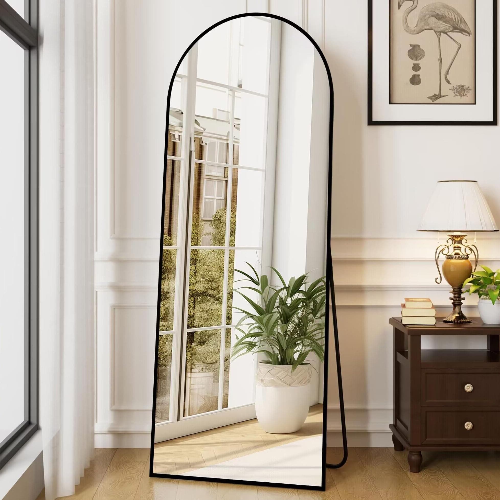 Arched Full Length Mirror, 64 "x 21" Floor Mirror with Stand, Full Body Mirrors with Aluminum Alloy Frame, Freestanding, Wall-Mounted or Leaning (Black)