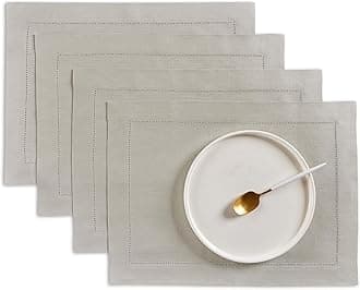 Solino Home Linen Cloth Placemats Set of 4-100% Pure Linen Medium Weight Hemstitch Light Grey Placemats 14 x 19 Inch - Handcrafted and Machine Washable Table Place Mats
